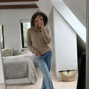 Daytrip Buckle Cable Knit Faux Fur Hooded Cardigan Sweater Boho Y2K Women